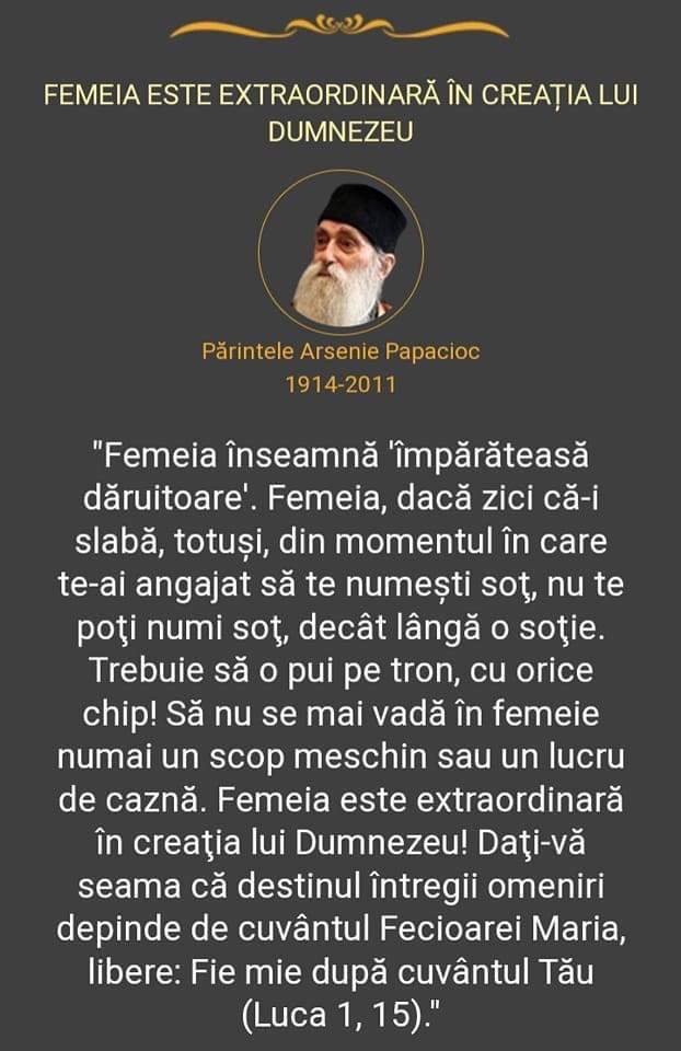 Părintele Arsenie Papacioc: Femeia este extraordinară în creația lui Dumnezeu