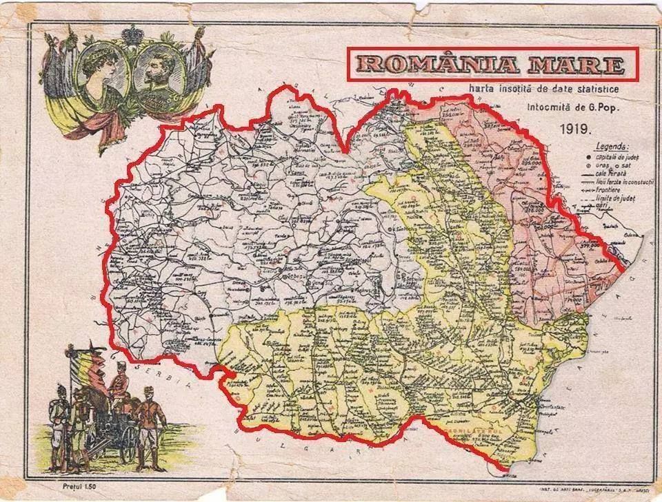 Carte poștală. România Mare hartă însoțită de date statistice; întocmită de G. Pop, 1919. Tipărită la Institutul de arte grafice „Luceafărul” București