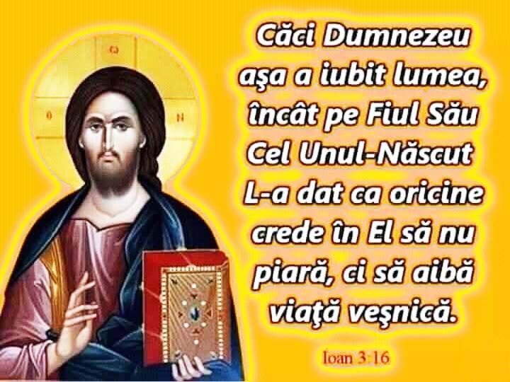 Pentru că Dumnezeu așa a iubit lumea, încât pe Fiul Său Cel Unul-Născut L-a dat, ca oricine crede în El să nu piară, ci să aibă viață veșnică. 